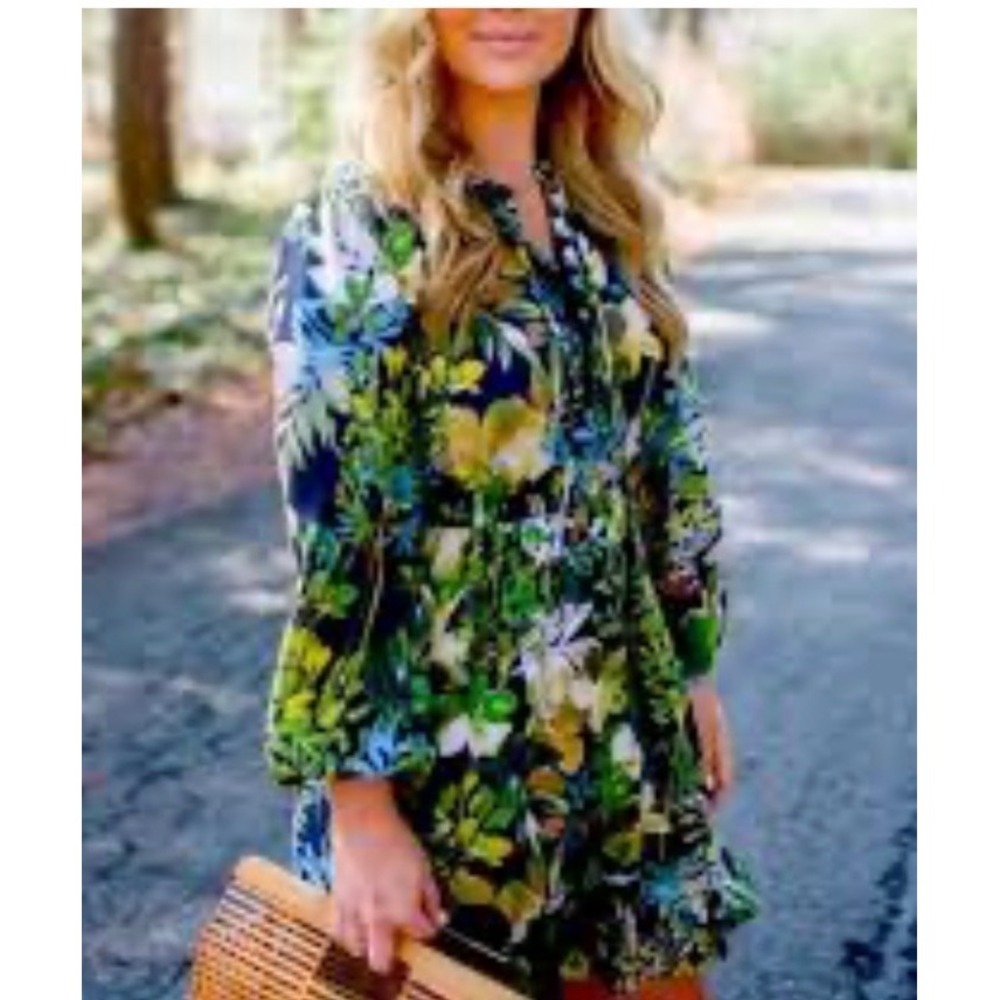 J. Crew Womens XS Silk Floral Long Sleeve Mini Dress Navy Blue Green Ruffle Hem